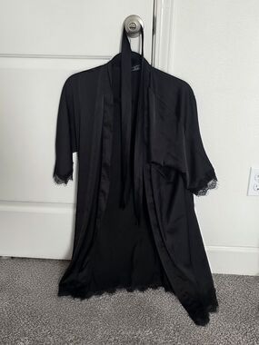 Black Satin Lace-Trim Robe - Women Intimates & Sleepwear